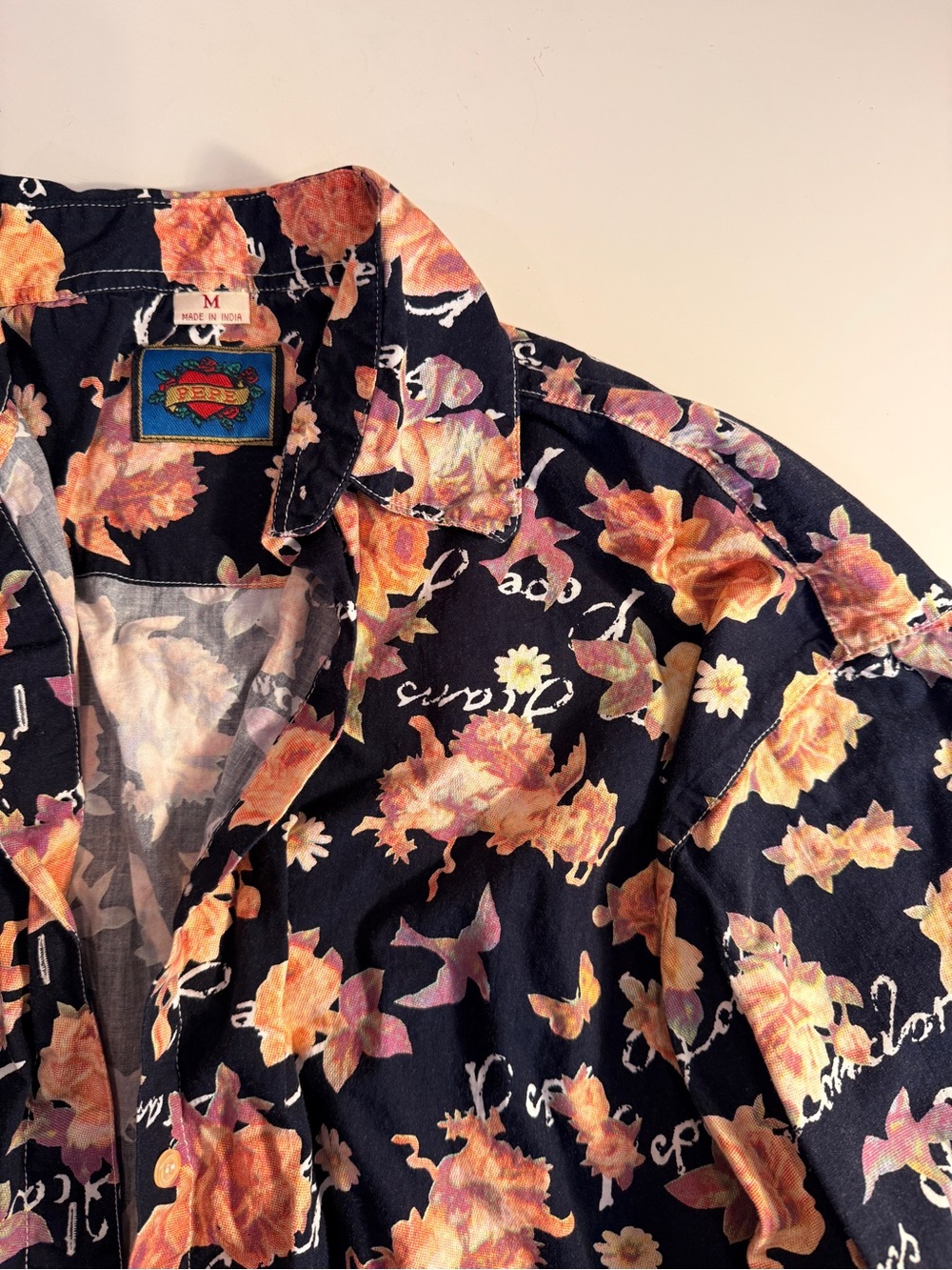 Pepe Black Button-Down Shirt with Peach and Cream Floral Print